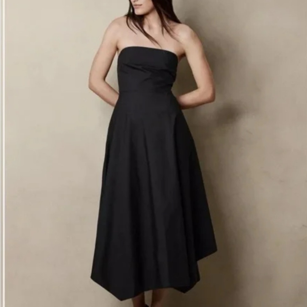 Banana Republic Factory Black Strapless Asymmetrical Hem Midi Dress sz 8
